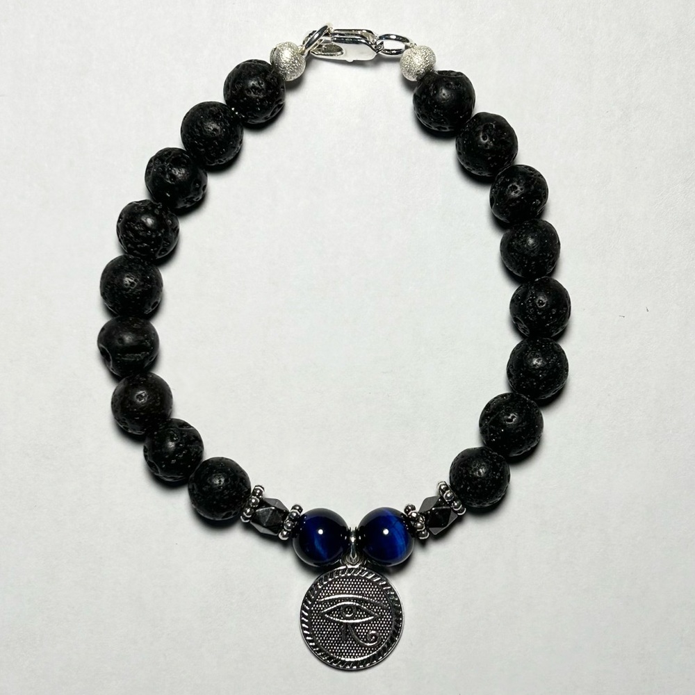 Blue Lapis and Lava Rock and Evil Eye Charm Bracelet 7 inches